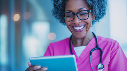 Smiling nurse looks at a tablet.