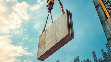 Close-up of a massive crane lifting a prefabricated wall panel at a commercial building site
