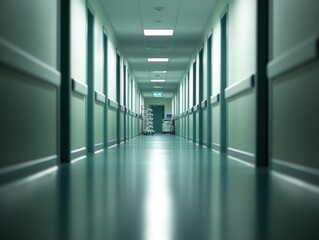 Obraz premium A long hospital corridor showcasing clean lines and modern design, evoking a sense of calm and professionalism.