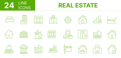 Collection of 24 real estate line icons featuring editable strokes. These outline icons depict various modes of real estate, house, building icon, Building, property,