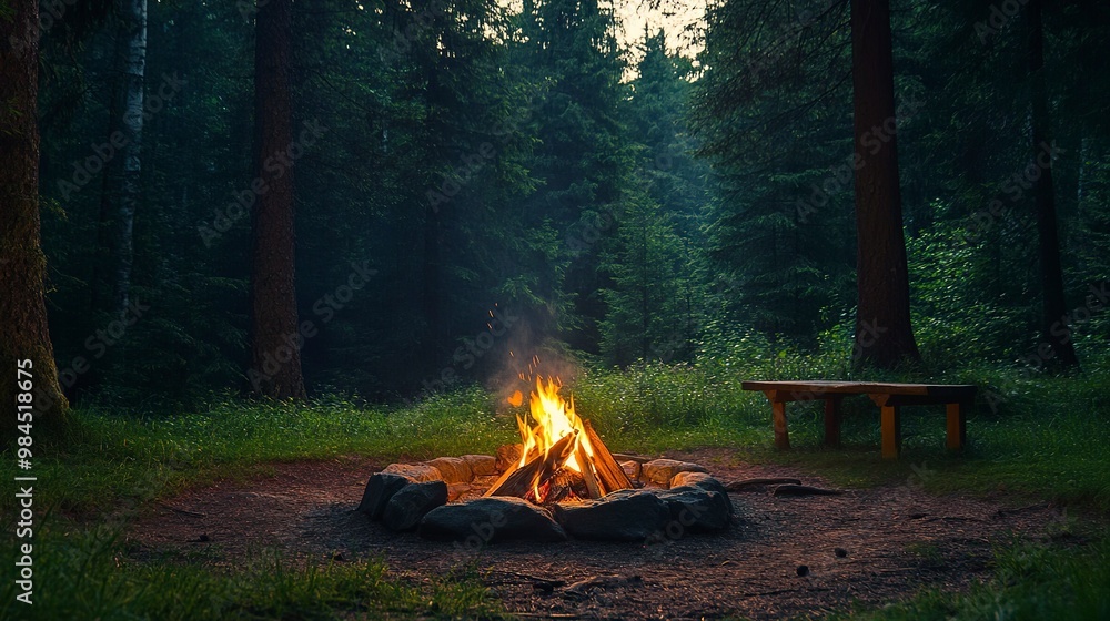 Poster Tranquil campfire scene at dusk in a lush forest clearing. The essence of camping and outdoor relaxation. 