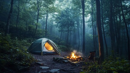 Tranquil campsite with tent and campfire in a dense forest setting 