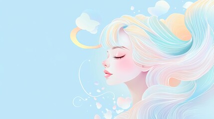 With her eyes gently closed, a woman enjoys a moment of tranquility, her long pastel hair billowing softly around her face, set against a serene blue backdrop adorned with light clouds