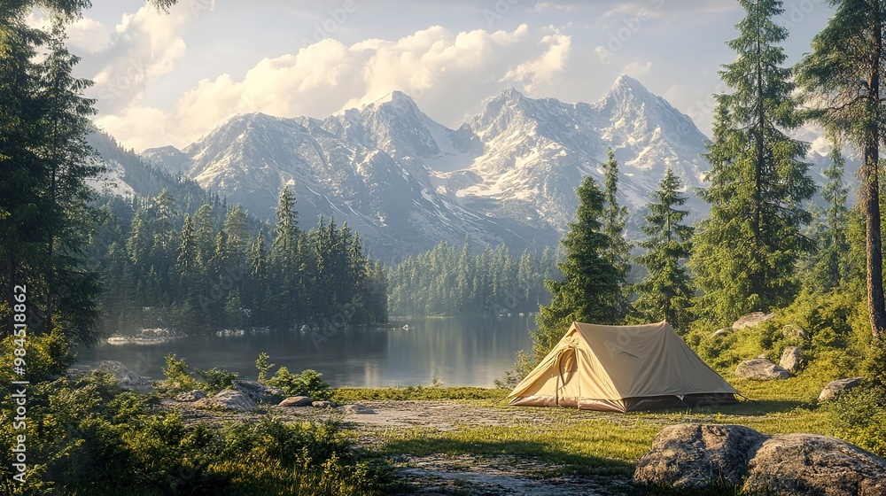 Poster The tent is located in a beautiful forest with mountains in the background 