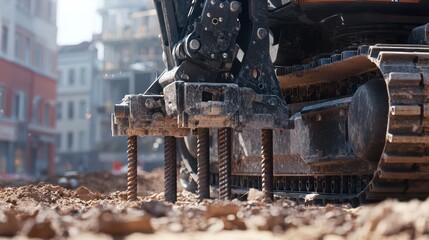 Close-up of a pile driver at work in an urban construction site, focusing on the mechanics of the machine and the driven piles