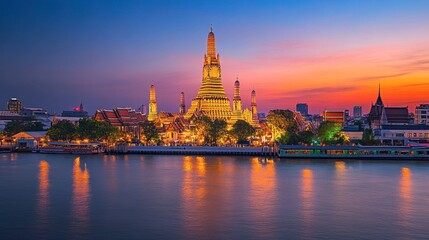 Fototapeta premium Wat Arun temple at sunset with its towering pagoda reflecting on the Chao Phraya River.