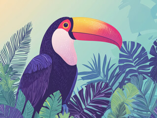 Obraz premium A toucan with vibrant beak is nestled among tropical foliage, showcasing its colorful plumage in lush environment. This striking bird adds lively touch to serene backdrop
