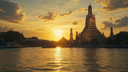 Fototapeta premium Wat Arun temple at sunset with its towering pagoda reflecting on the Chao Phraya River.