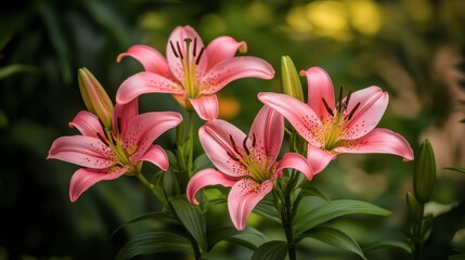 Fototapeta premium Vibrant pink lilies in full bloom, surrounded by green leaves, capturing the beauty of nature in a garden.