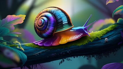 The image shows a brightly colored snail on a leaf. Its shell has shiny blue and orange colors, making it eye-catching. .Generative AI	