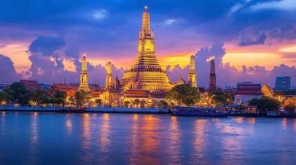 Wat Arun temple at sunset with its towering pagoda reflecting on the Chao Phraya River.