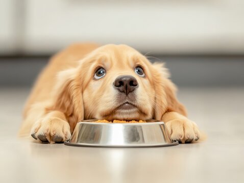 A golden retriever puppy looking longingly at its food bowl, showcasing adorable innocence and hunger.