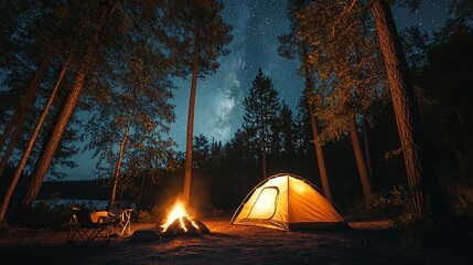 tent and campfire in the woods on a summer night with a stars in the sky