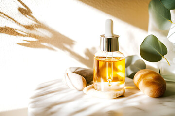 Fototapeta premium Cosmetic serum in glass dropper bottle on marble surface with natural stones and green leaves in sunlight
