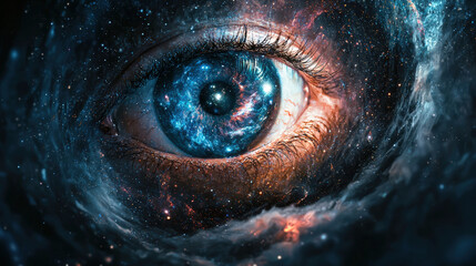 A vast cosmic eye reveals mysteries of universe, surrounded by swirling galaxies and vibrant colors. This captivating image evokes sense of wonder and exploration