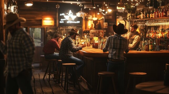 A group of cowboys is gathered together, sitting at a lively bar