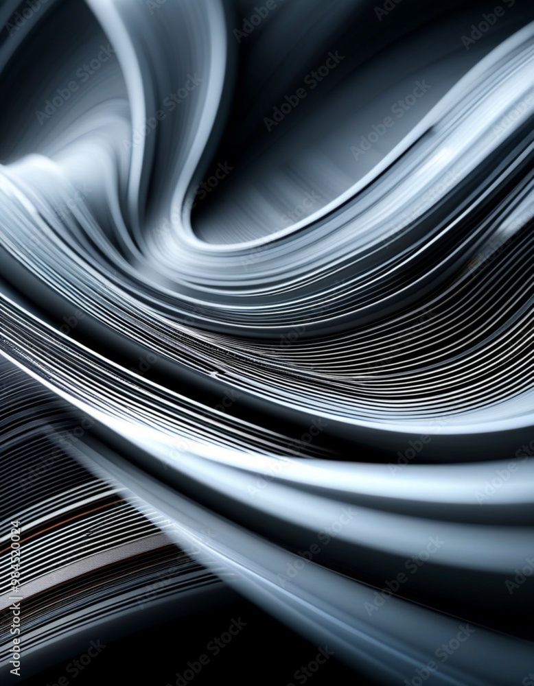Poster arrangement of smooth gray lines gracefully intertwines against a soft abstract bokeh background, ad