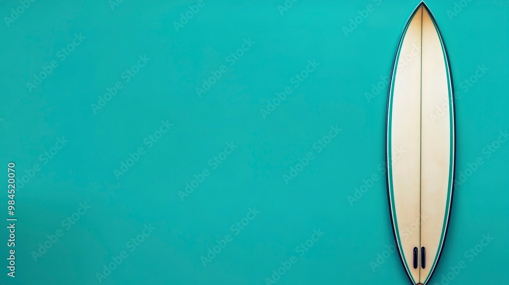 Poster teal banner with a surfboard on the side with space for copy space.