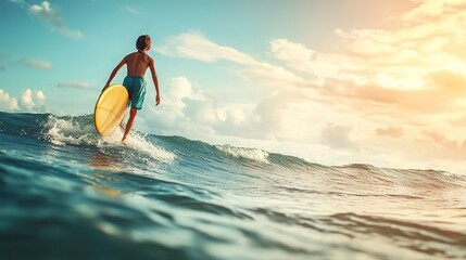 Teen ocean and surfing in water for holiday sports and wellness with swimsuit blue sky and board Boy sea and swimming at beach as surfer for fitness waves and summer workout while 