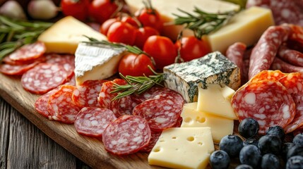 A wooden cutting board featuring an assortment of meats and cheeses