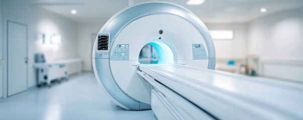 A modern MRI machine in a clean and bright medical room, ready for patient examination and imaging.