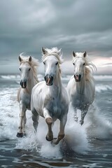 Obraz premium Majestic White Horses Galloping Through Ocean Waves Powerfully Dramatic Skies. AI Generated