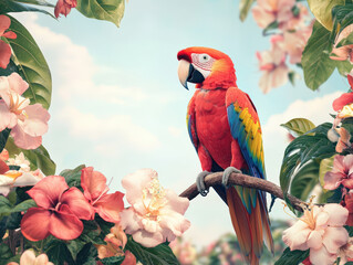 A vibrant parrot perched on branch surrounded by tropical flowers, showcasing its colorful feathers against serene sky. This scene evokes sense of tropical paradise and natural beauty