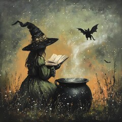 Enchanting artwork of a witch with a magical cauldron, spellbook, and black cat, set in a mystical night sky filled with glowing stars and mystical elements.