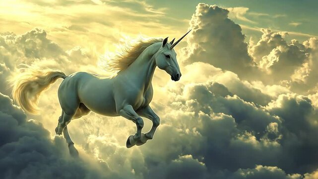 Majestic unicorn leaping through fluffy clouds at sunset in a magical sky filled with golden light