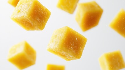 Cubes of fresh pineapple floating in mid-air isolated on a white background, vibrant yellow color.