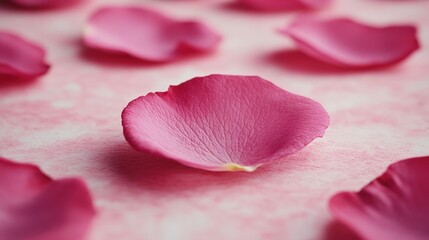 Soft pink rose petals lay scattered, creating an elegant and romantic atmosphere