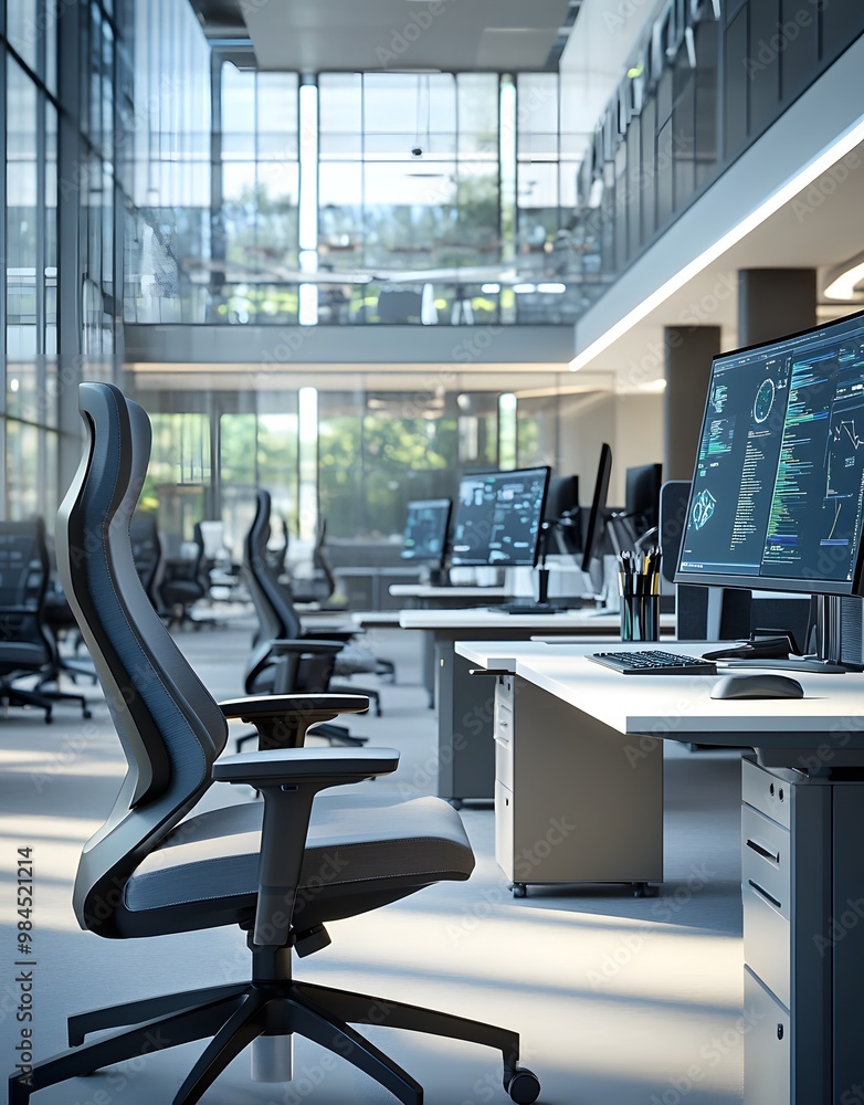 Poster modern office interior with row of desks and computers