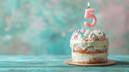 happy 5th birthday, birthday cake with number 5 as a candle
