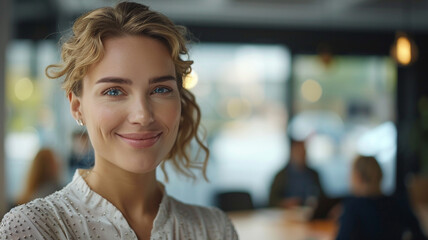 Smiling confident business leader looking at camera and standing in an office at team meeting. Portrait of confident businesswoman with colleagues in boardroom. Using digital tablet during a meeting.