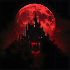 A dark vampire castle silhouetted against a blood moon, with eerie red hues and ominous fangs-like architecture, perfect for gothic and horror themes.
