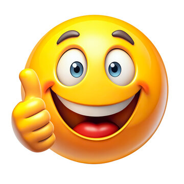 Naklejki A cheerful yellow emoji with wide blue eyes, smiling broadly and giving a thumbs up. The expression conveys enthusiasm and positivity. Transparent background