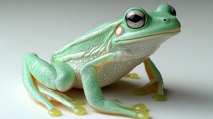 Fototapeta premium A lively green frog rests calmly, its detailed patterns highlighted by gentle lighting