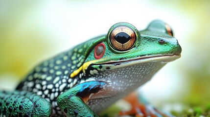 Fototapeta premium The colorful frog sits elegantly, showcasing its striking features in gentle light