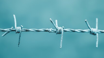 Barbed wire against a blurred turquoise background, abstract and striking.