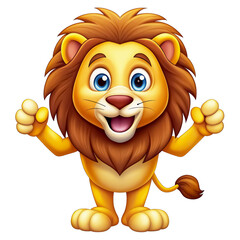 A full-body cartoon lion, standing upright with its arms raised and fists clenched in excitement. ...