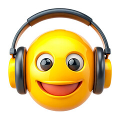 A smiley yellow emoji wearing large black headphones. The emoji has a happy expression, with a wide smile and glossy eyes. Transparent background