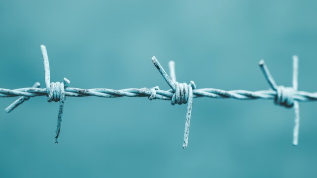 Barbed wire against a blurred turquoise background, abstract and striking.