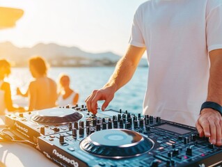 A DJ performs at sunset, mixing music with vibrant energy on a boat, surrounded by a lively crowd...