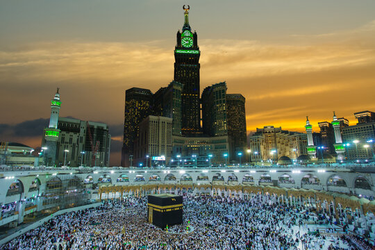 ZamZam tower, view of Muslims for prayer and towaf around kabah in Macca Saudi-27-4-2018,makkah sunset background.