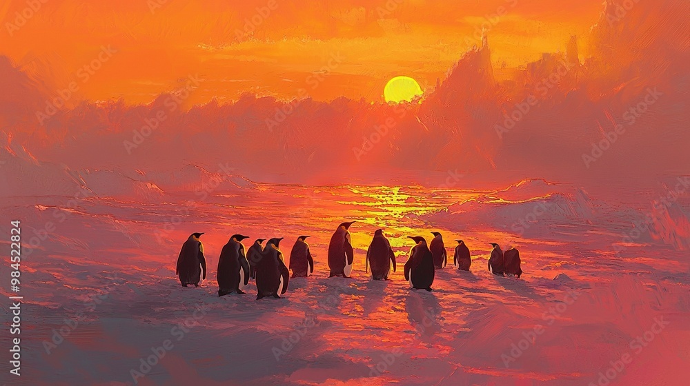 Canvas Prints   A painting of a group of penguins standing in snow during sunset with the sun behind them