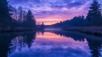 Fototapeta premium Twilight Serenity by the River, a tranquil scene showcasing a river mirroring the calming hues of dusk, inviting reflection and peace in nature's embrace.