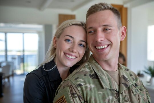 Happy soldier and his loving wife embrace at home 