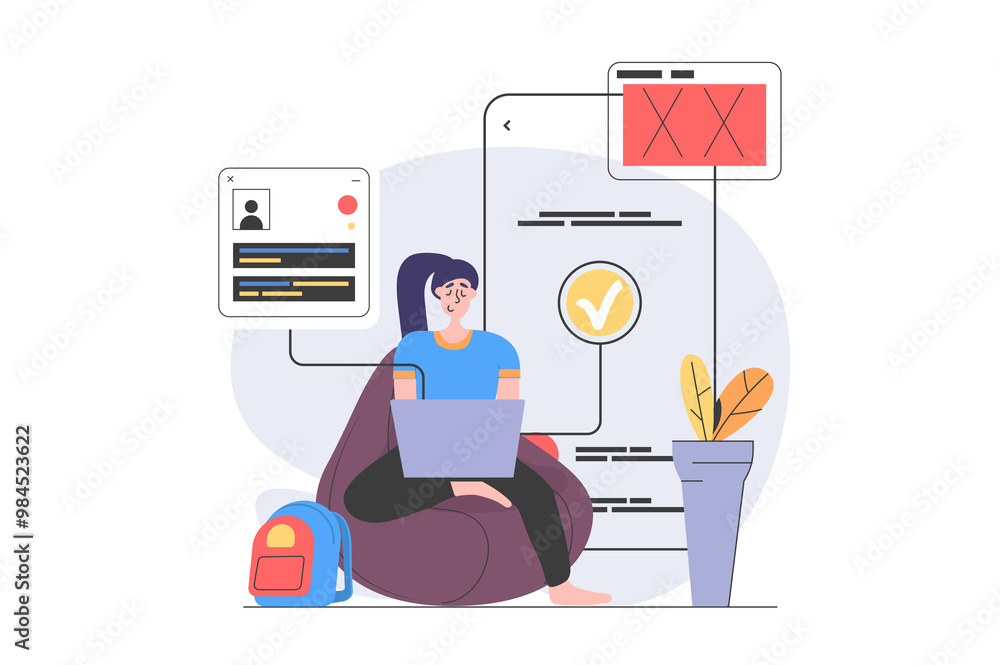 Leinwandbilder app development concept in modern flat design for web. woman designer programming at laptop, enginee
