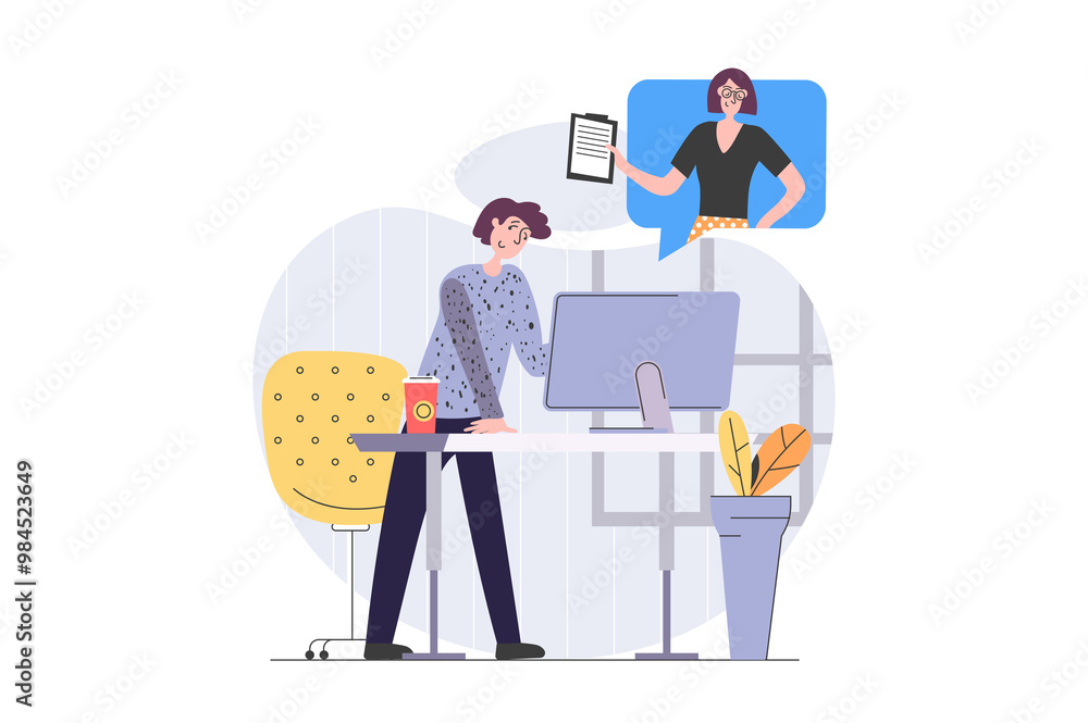 Fototapete back to school concept in modern flat design for web. student learning online and watching video les