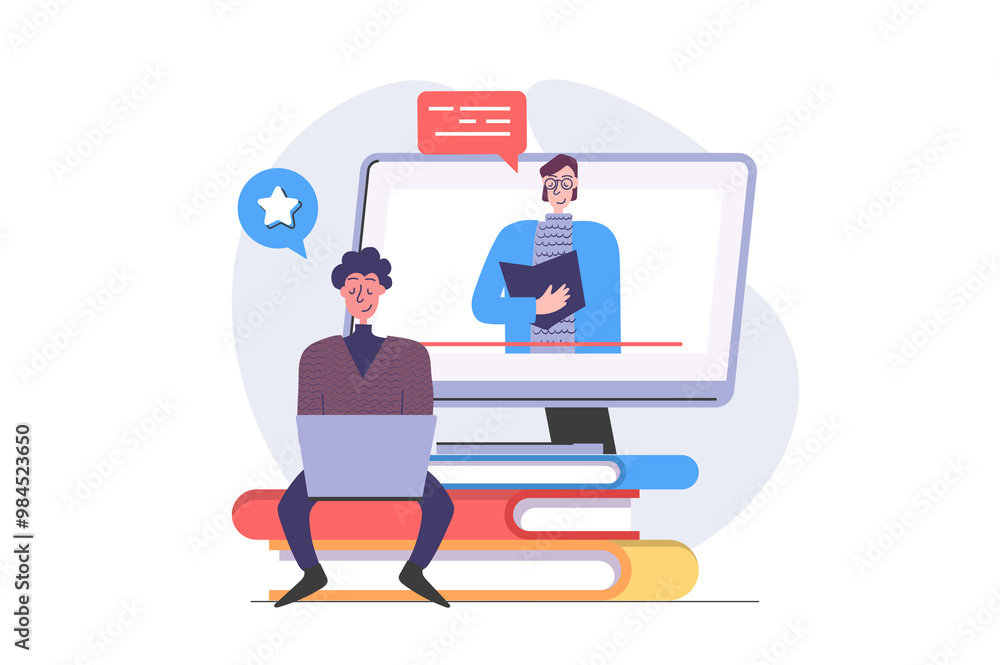 Poster back to school concept in modern flat design for web. student learning online and watching video les